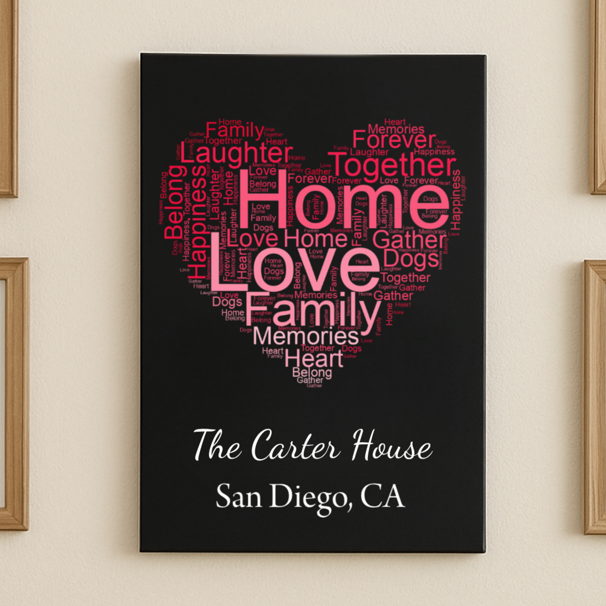 Story of Us personalized word art leatherette sign 12 by 18 inches custom word cloud in heart family tree cross or wreath shape UV printed white text on premium black vegan leather