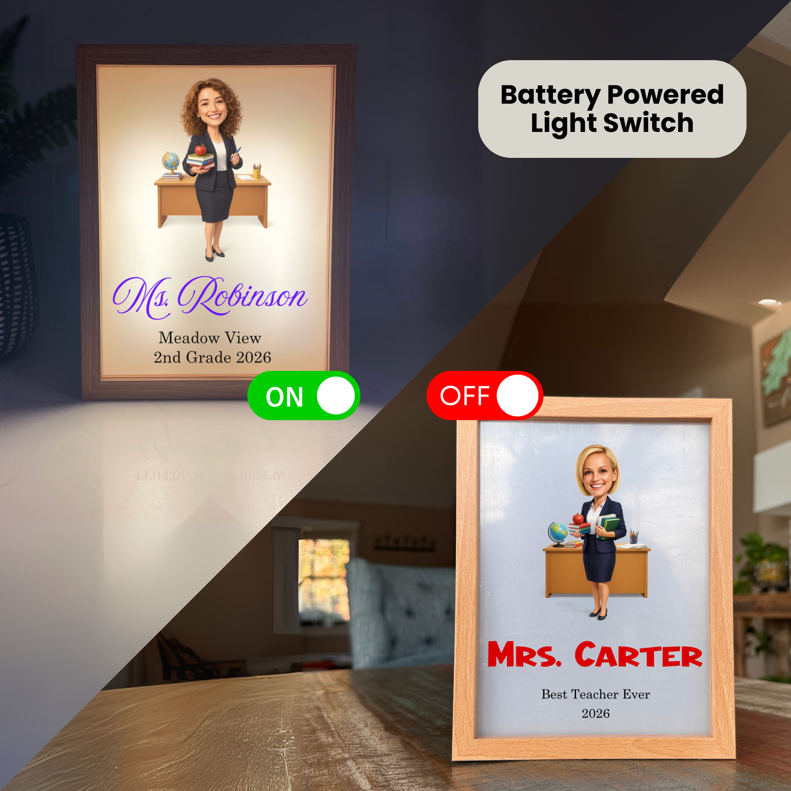 Demonstration of battery-powered light switch functionality, showing illuminated frame on left with "ON" toggle and dark frame on right with "OFF" toggle to showcase lighting feature