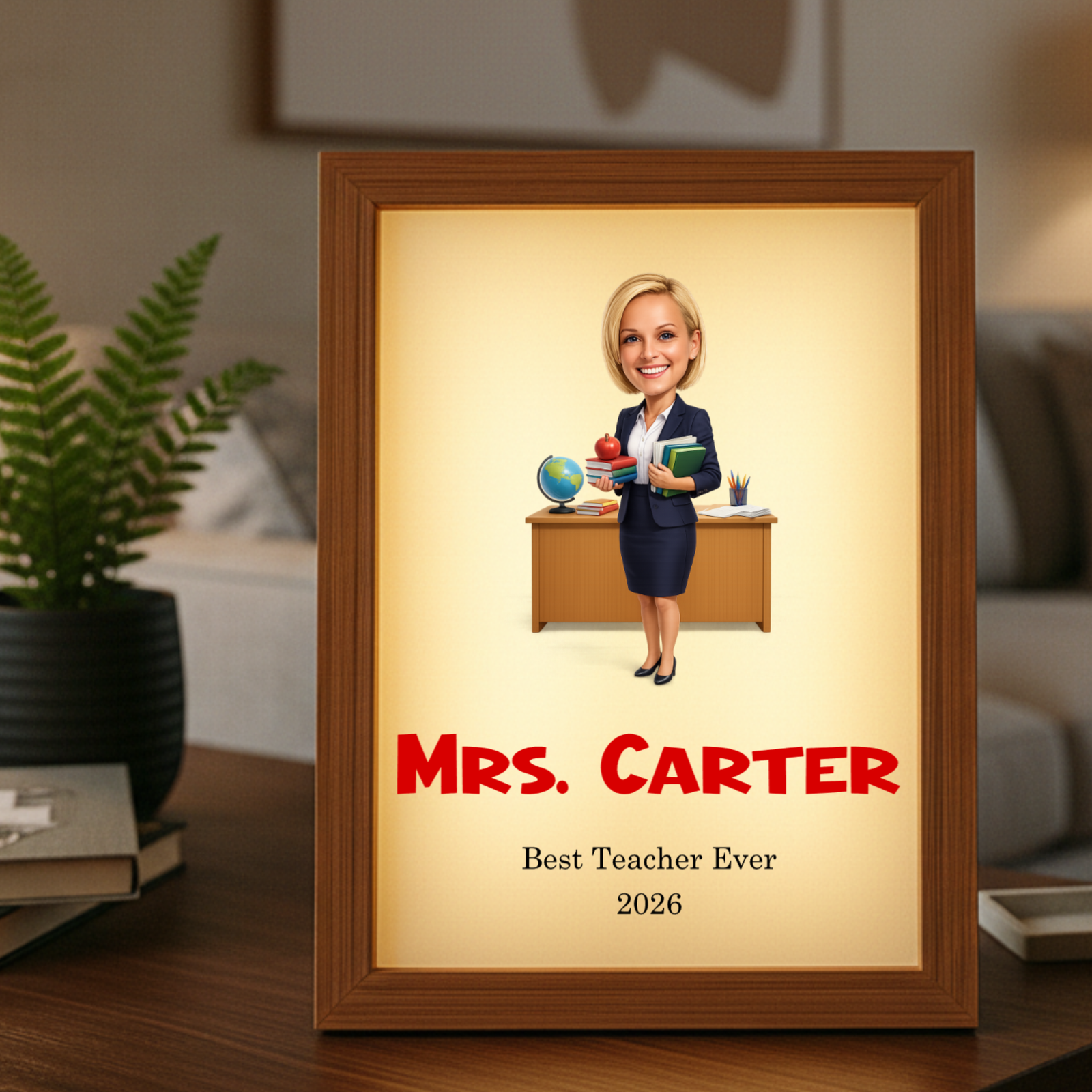 Framed light art with wood border displaying a cartoon illustration of a woman teacher in navy blazer at desk with globe and books, personalized with sample name "Mrs. Carter" and text "Best Teacher Ever 2026" on cream background.