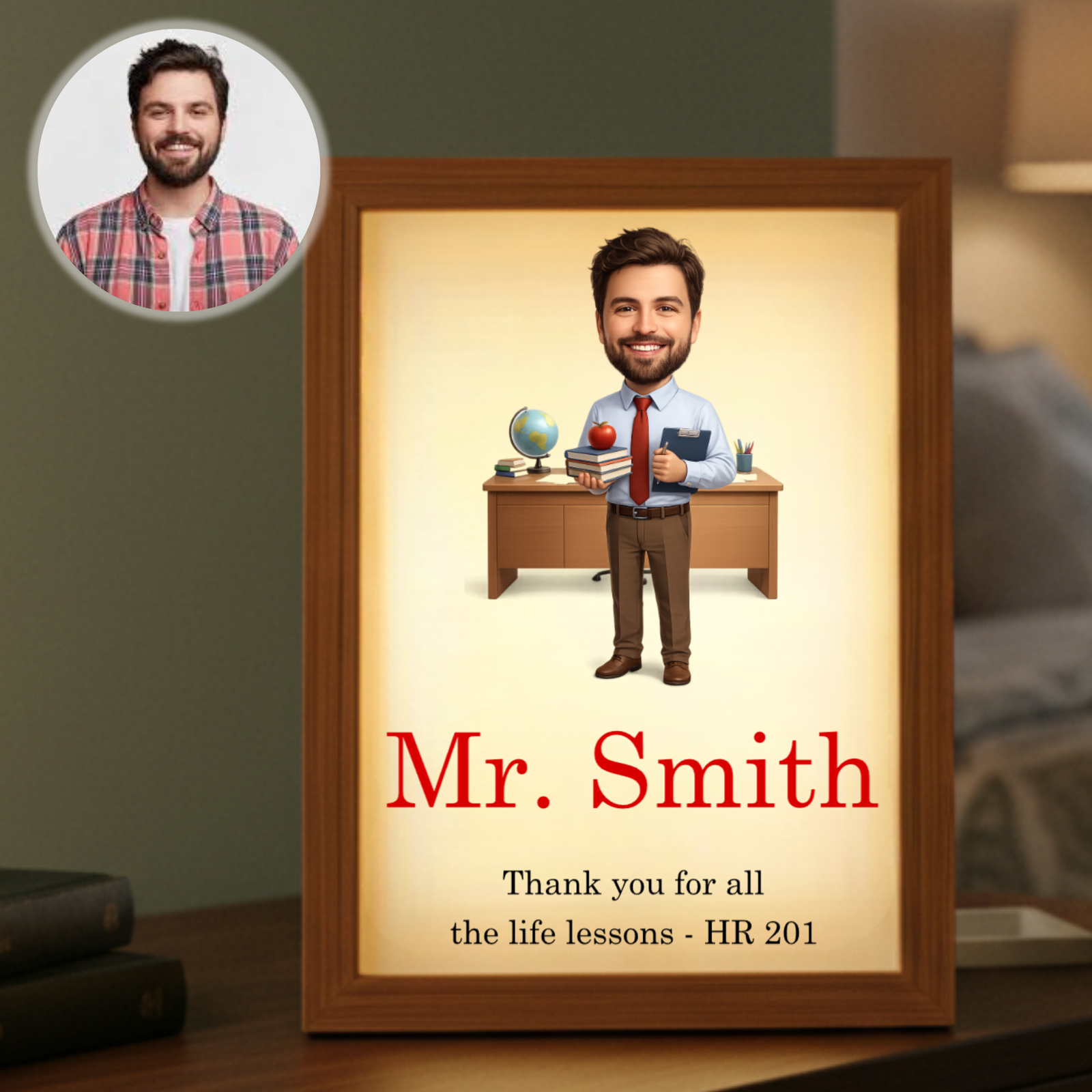 Framed cartoon illustration of a man in business attire at a desk with school supplies, labeled "Mr. Smith" with text "Thank you for all the life lessons - HR 201", illuminated with warm glow