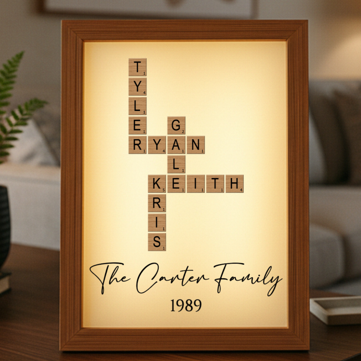 Personalized Family Crossword Light Box - Custom Name Word Art with Custom Text - LED Wood Frame Gift for Mom