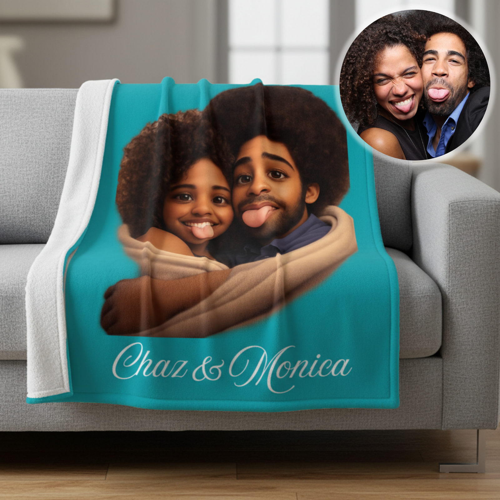 Turquoise cuddle blanket draped over gray couch, featuring personalized illustration of couple with sample names "Chaz & Monica" in script text below, with reference photo shown in upper right corner.