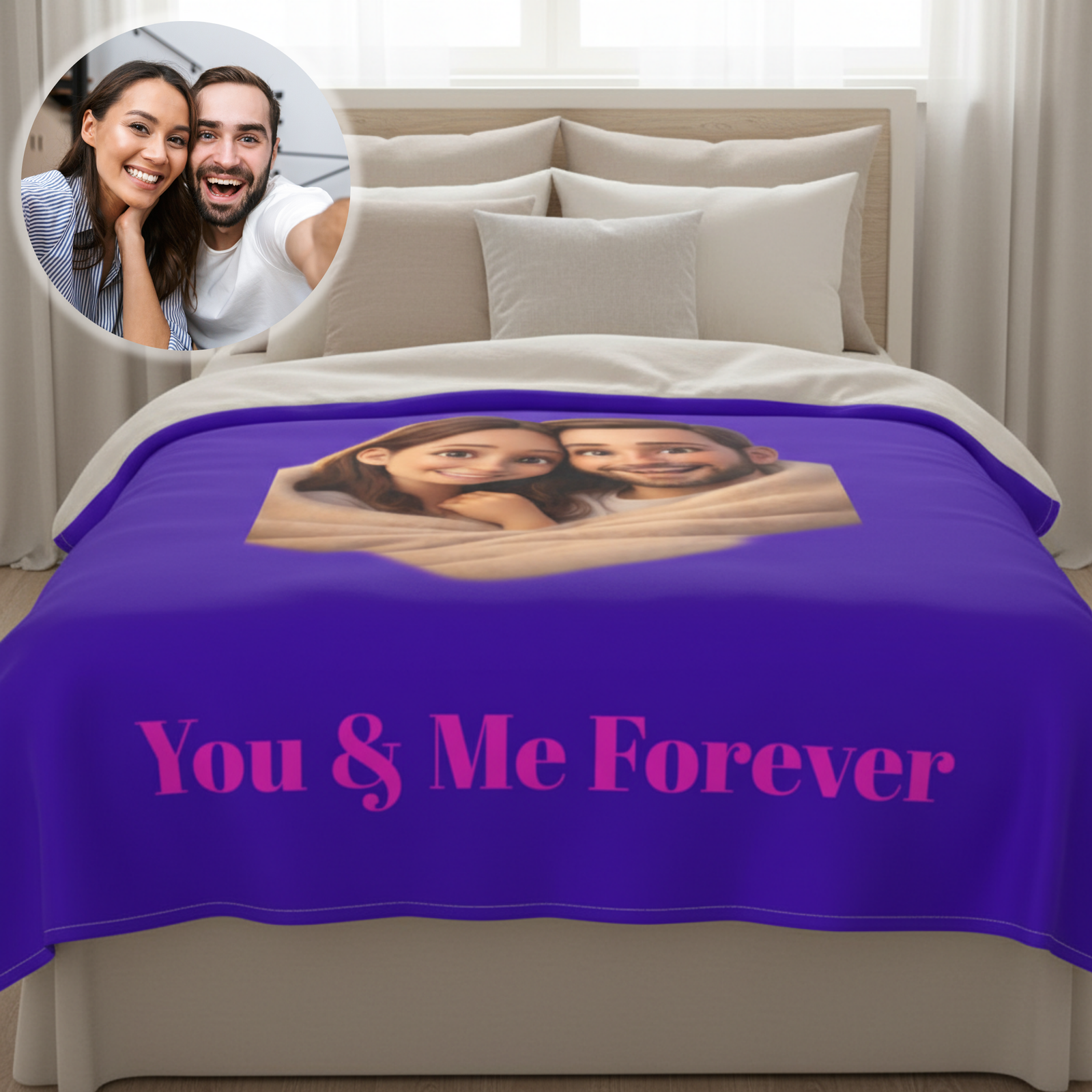 Purple blanket draped across a bed with printed photo illustration of a couple and text "You & Me Forever" in pink lettering, shown on a cream bedding set.