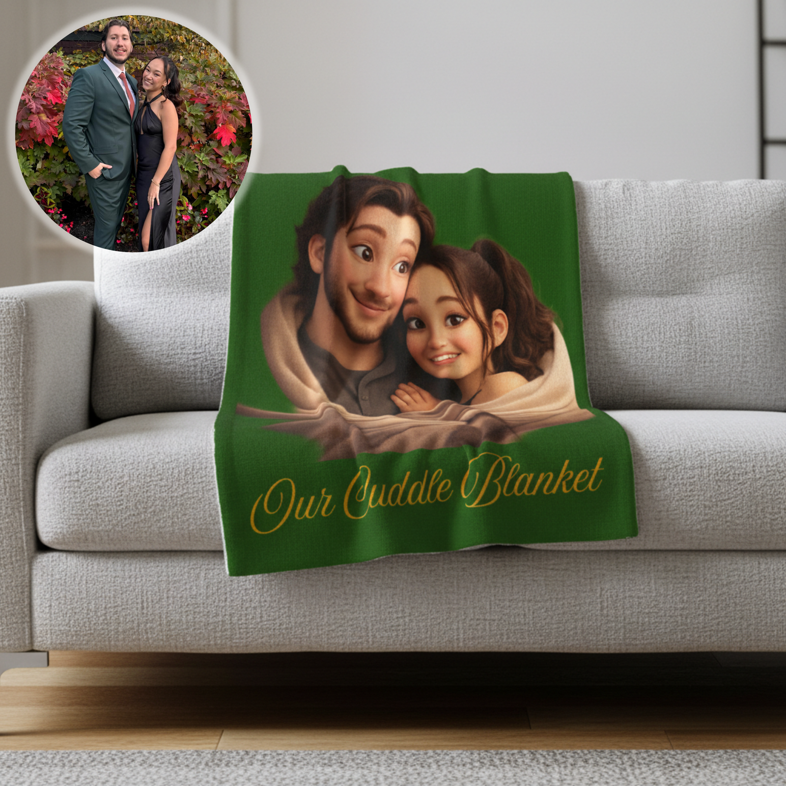Green fleece blanket draped over gray couch with animated illustration of couple cuddling and "Our Cuddle Blanket" text in gold script, with sample photo reference shown in circular inset above