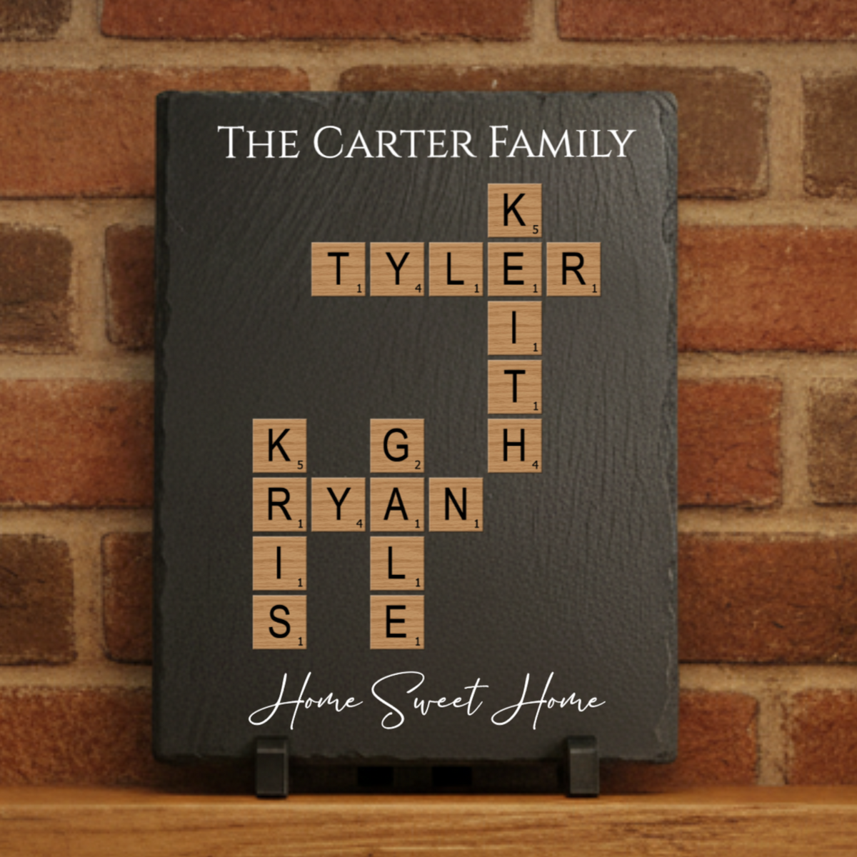 Custom family slate sign with names in crossword layout and personalized top and bottom text