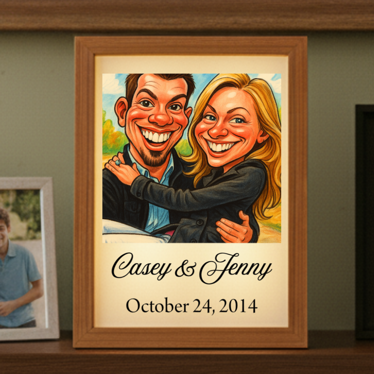 Framed cartoon caricature of a couple with custom text at bottom
