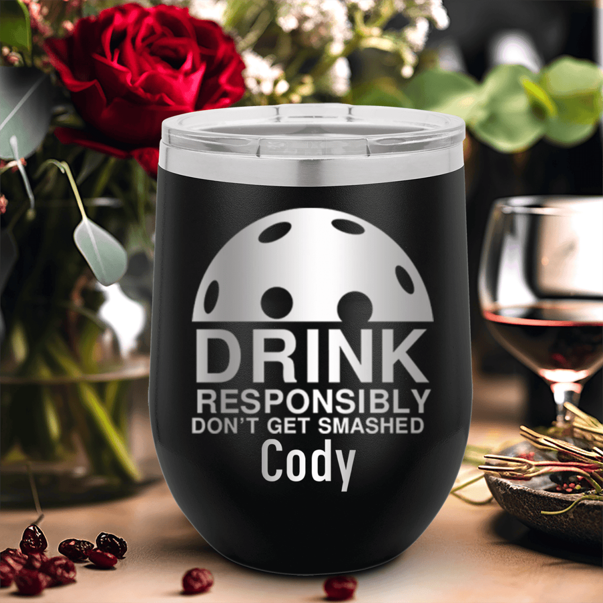Black Pickleball Wine Tumbler With Dont Get Smashed Design