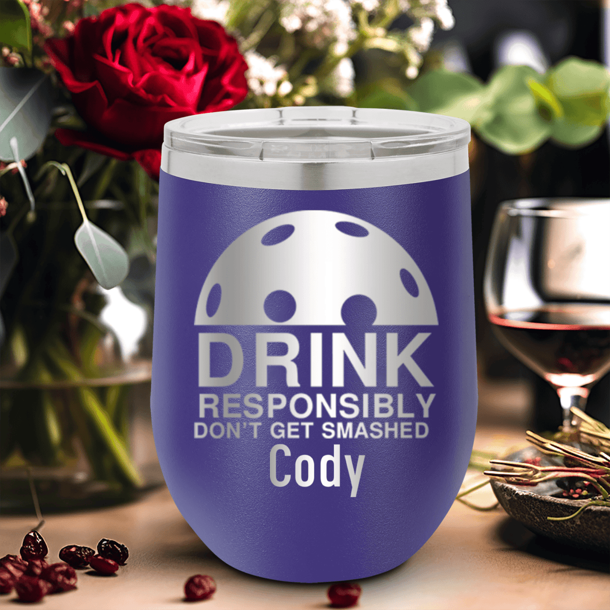 Purple Pickleball Wine Tumbler With Dont Get Smashed Design