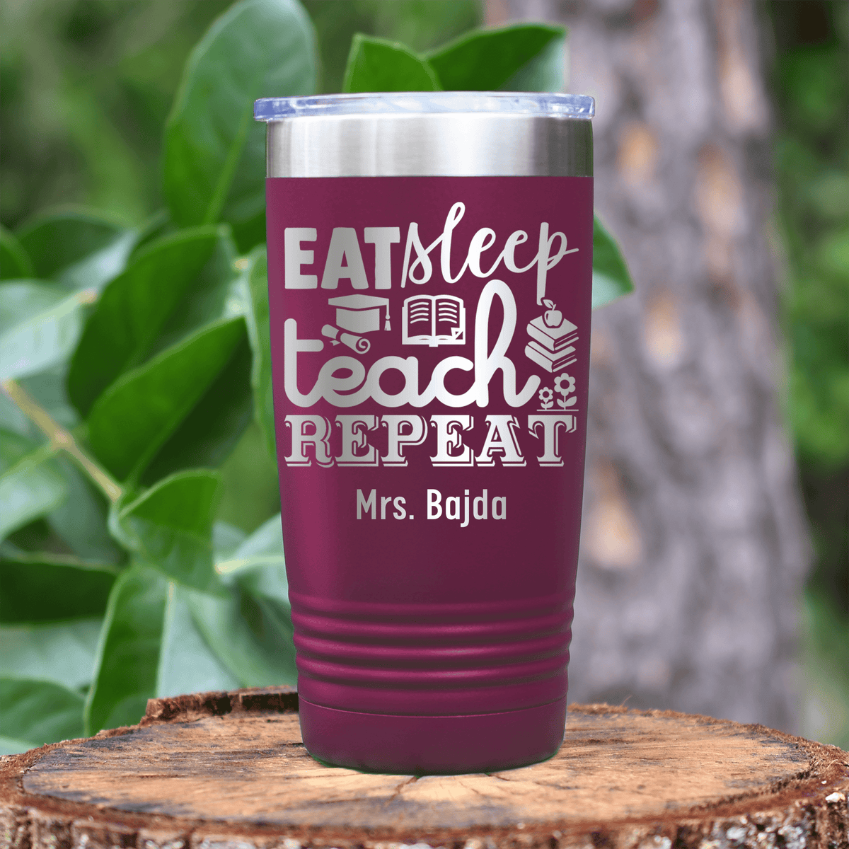 Maroon Teacher Tumbler With Eat Sleep Teach And Repeat Design