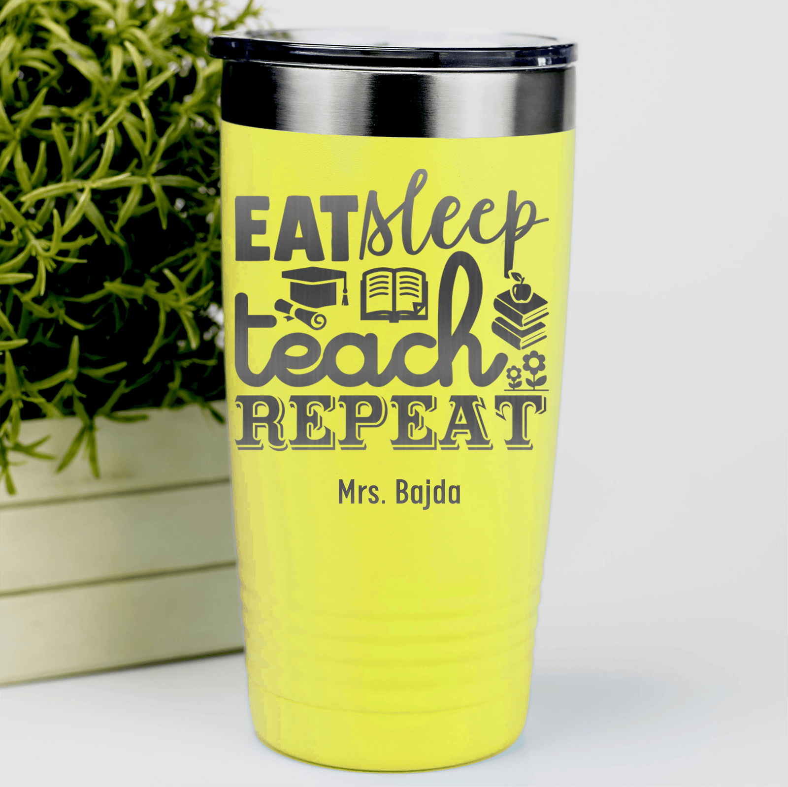 Yellow Teacher Tumbler With Eat Sleep Teach And Repeat Design