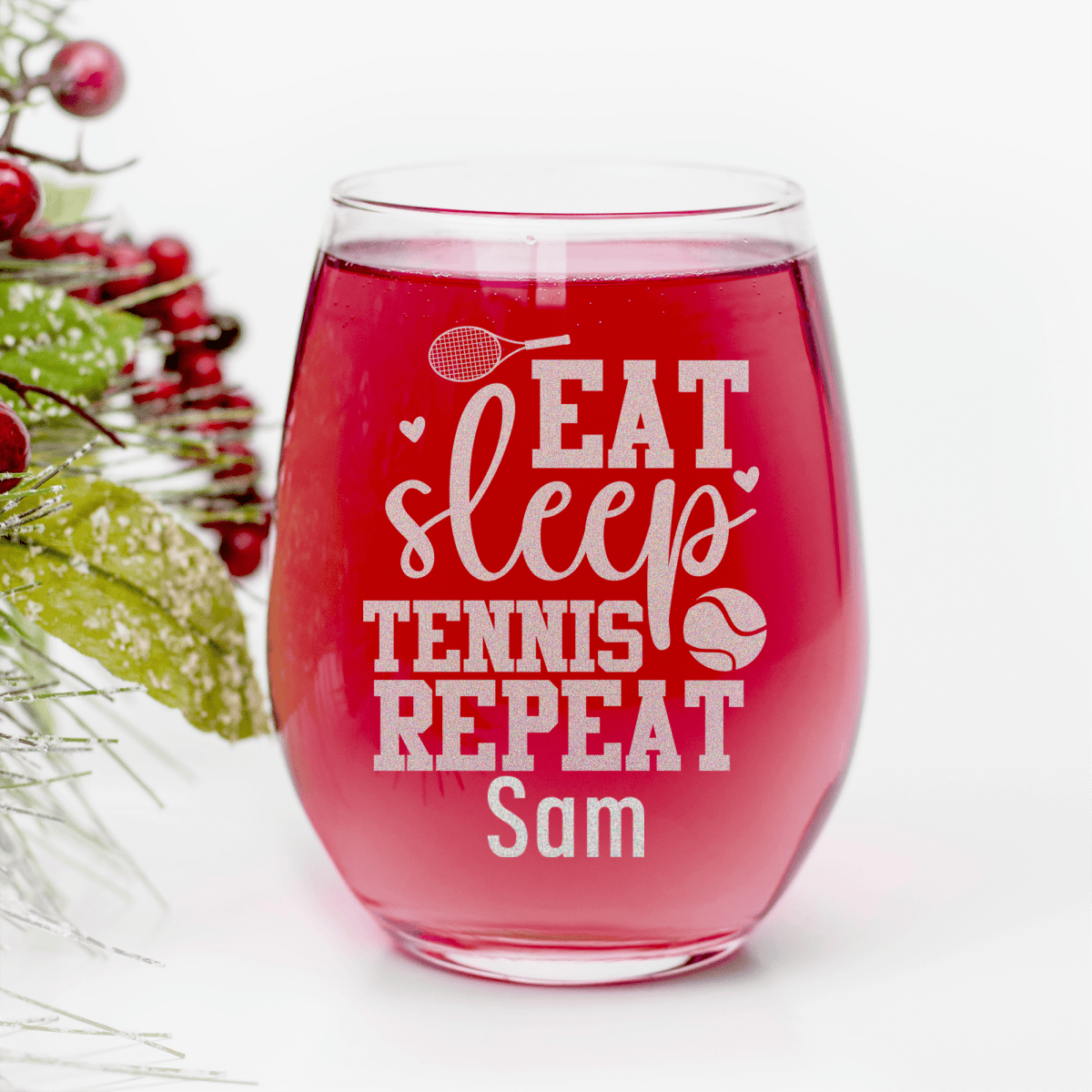 Personalized Eat Sleep Tennis Stemless Wine Glass for her, Customized Gifts for Women by Groovy Girl Gifts