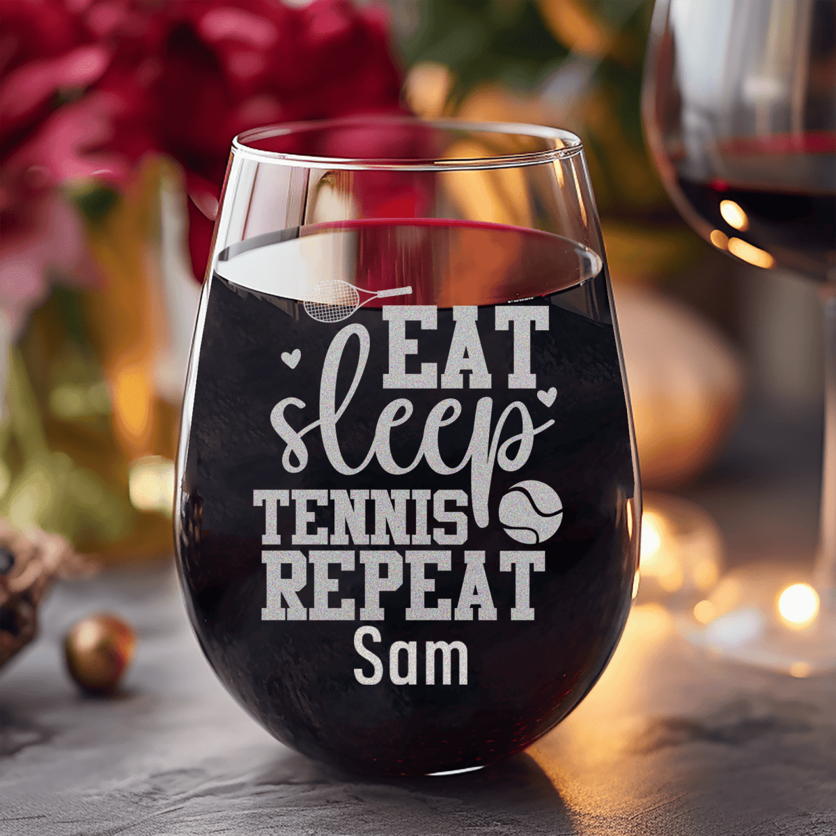 Personalized Eat Sleep Tennis Stemless Wine Glass for her, Customized Gifts for Women by Groovy Girl Gifts