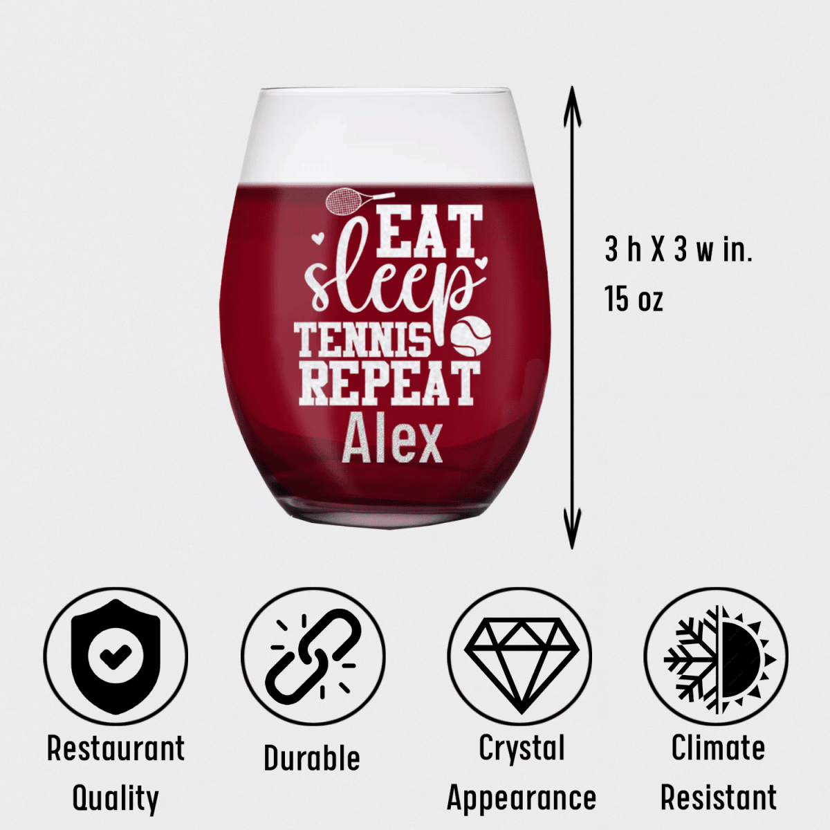 Personalized Eat Sleep Tennis Stemless Wine Glass for her, Customized Gifts for Women by Groovy Girl Gifts