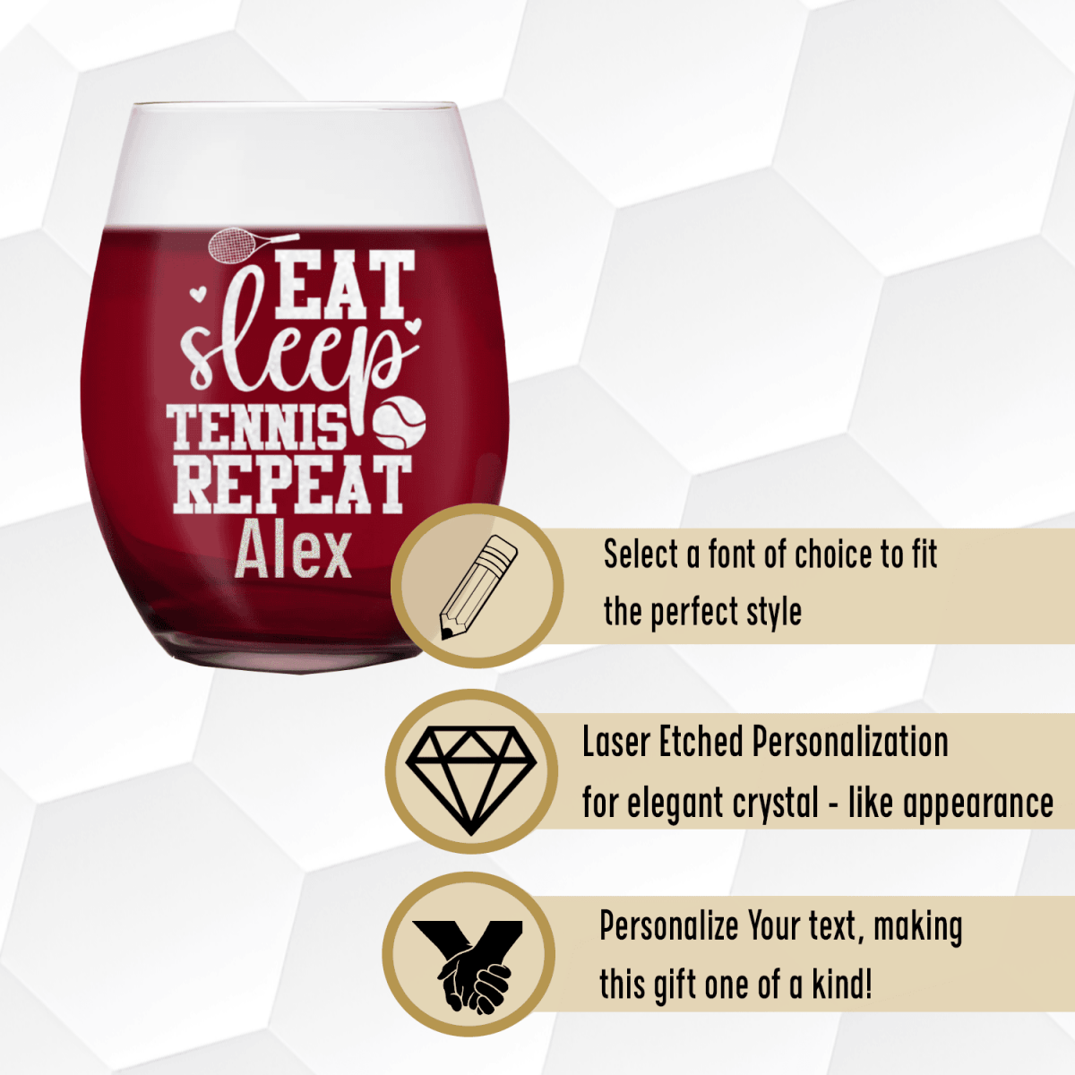 Personalized Eat Sleep Tennis Stemless Wine Glass for her, Customized Gifts for Women by Groovy Girl Gifts