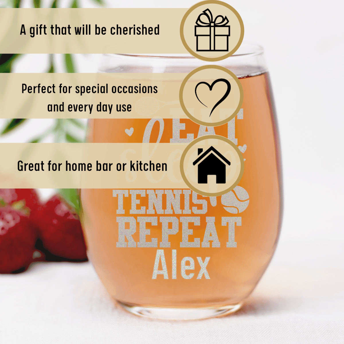 Personalized Eat Sleep Tennis Stemless Wine Glass for her, Customized Gifts for Women by Groovy Girl Gifts