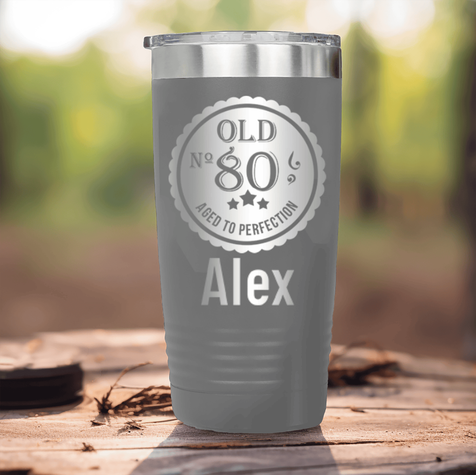 Grey Birthday Tumbler With Eighty Aged To Perfection Design
