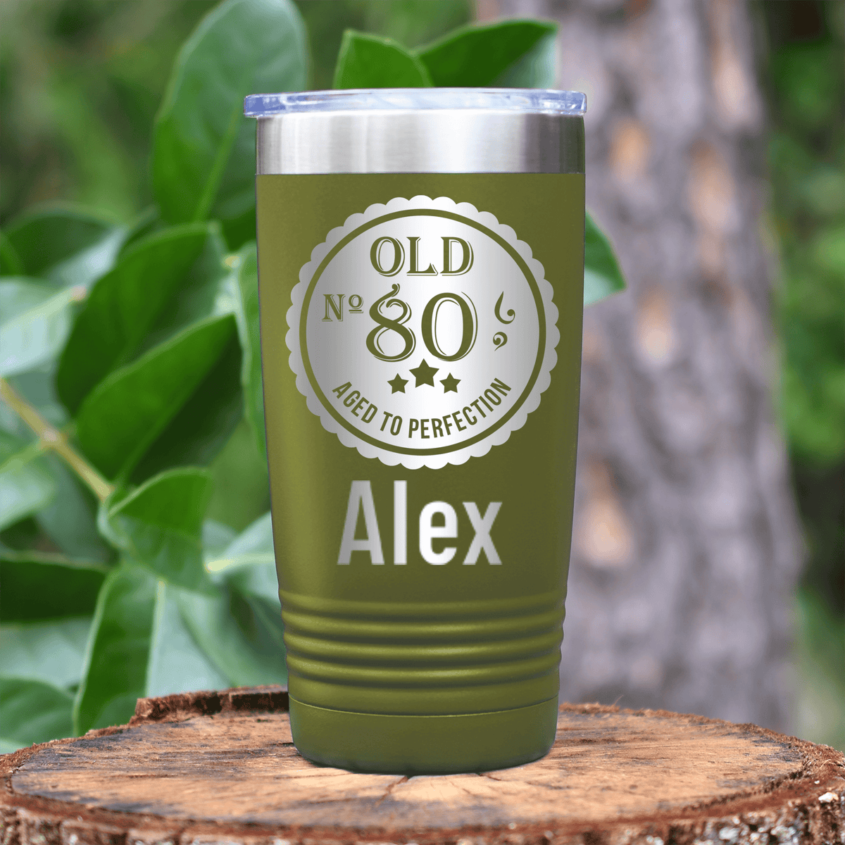 Military Green Birthday Tumbler With Eighty Aged To Perfection Design