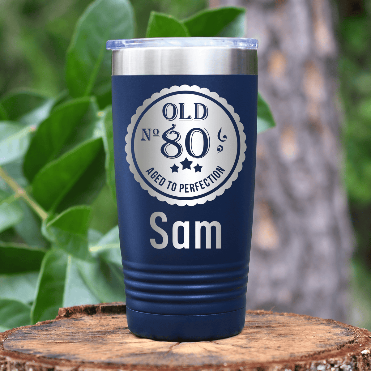 Navy Birthday Tumbler With Eighty Aged To Perfection Design