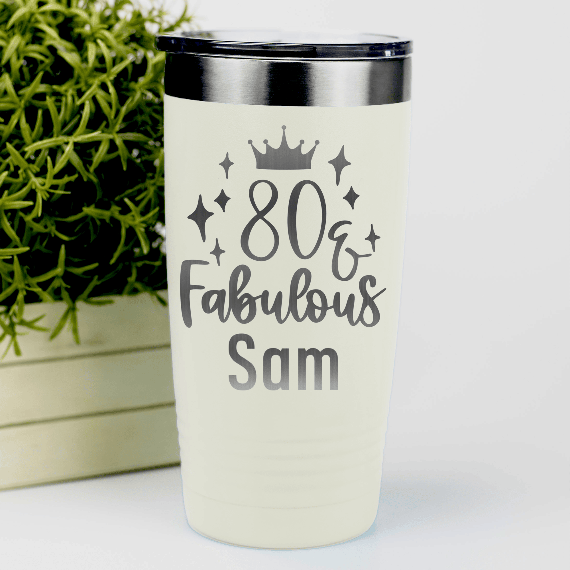 White Birthday Tumbler With Eighty And Fabulous Design