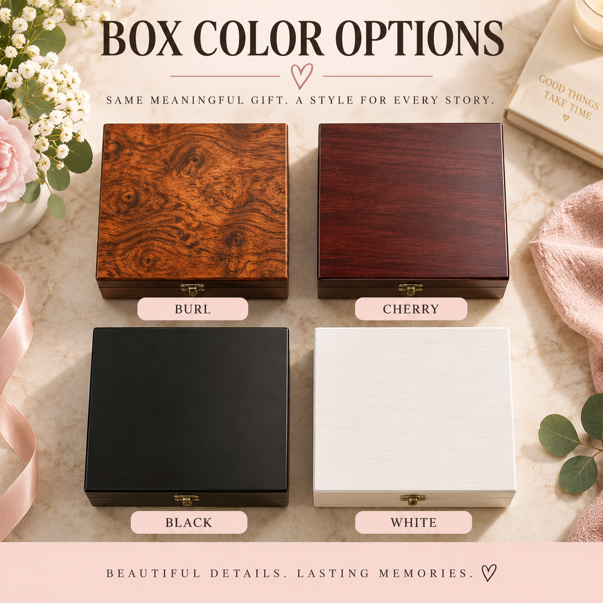 Four personalized keepsake box color options shown closed side by side: burl wood, cherry wood, black and white, each with a small gold-tone front clasp