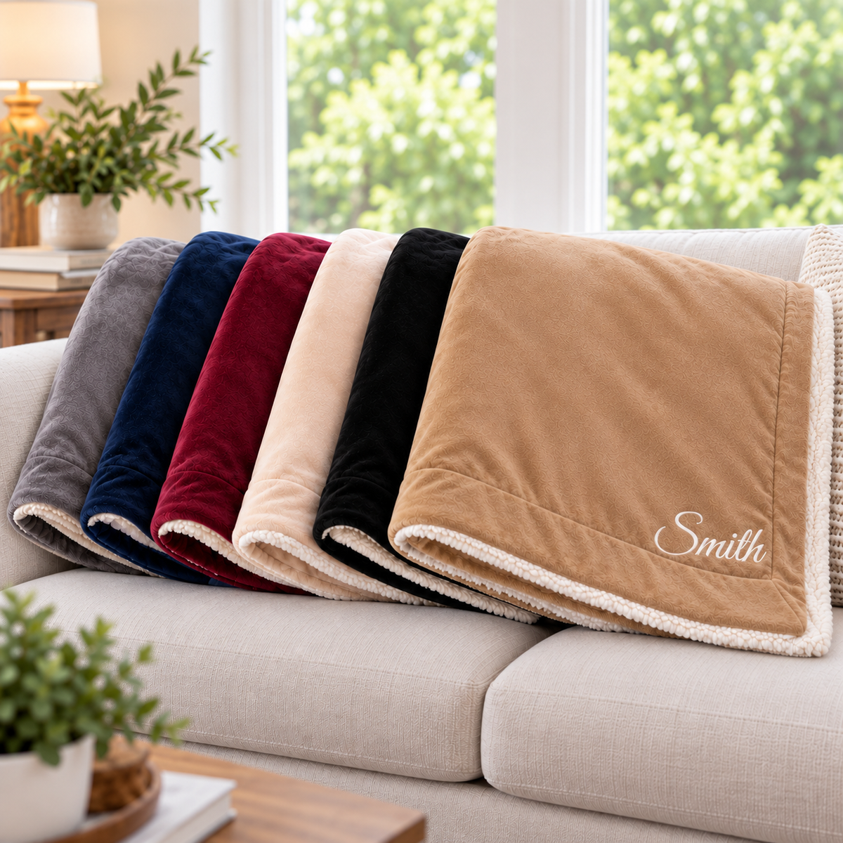 Six personalized sherpa throw blankets in different colors (gray, navy, burgundy, cream, black, and tan) are arranged on a light beige sofa in a bright living room. The tan blanket in the foreground is embroidered with the name 'Smith' in white script.