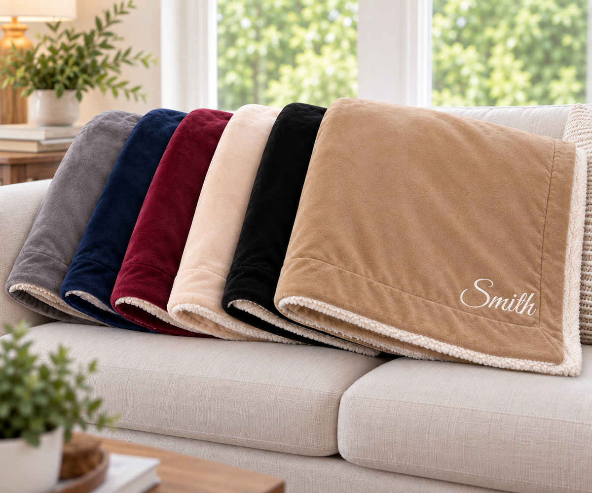 A set of six plush fleece throw blankets in different colors (gray, navy, burgundy, cream, black, and tan) are neatly stacked on a light beige sofa. The tan blanket in the foreground is personalized with the name 'Smith' in white script embroidery and is shown in a bright, modern living room setting.