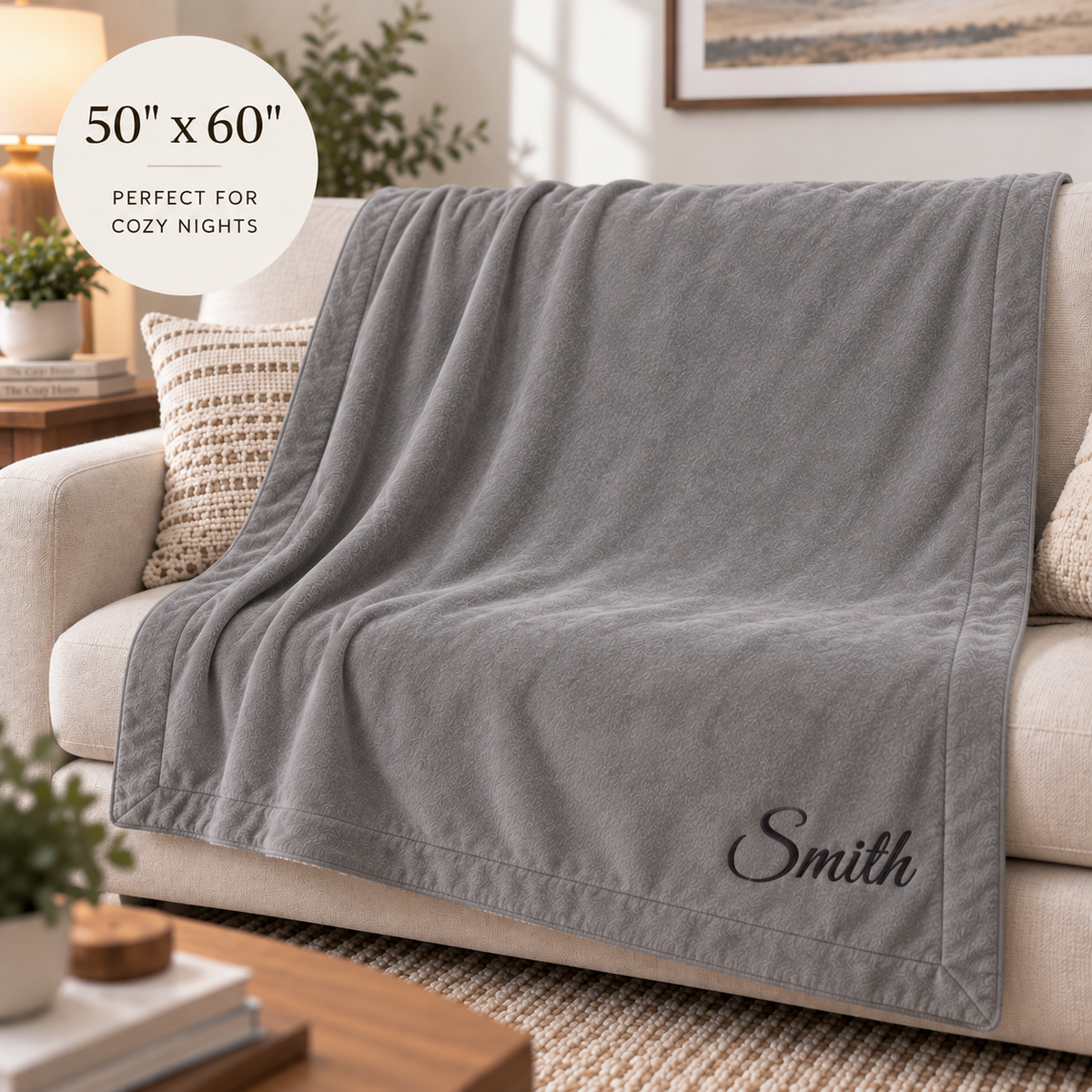 A gray fleece throw blanket draped over a beige sofa in a cozy living room setting. The blanket has the name 'Smith' embroidered in black script in the bottom right corner and a white circular text overlay in the top left that reads '50" x 60" PERFECT FOR COZY NIGHTS'.
