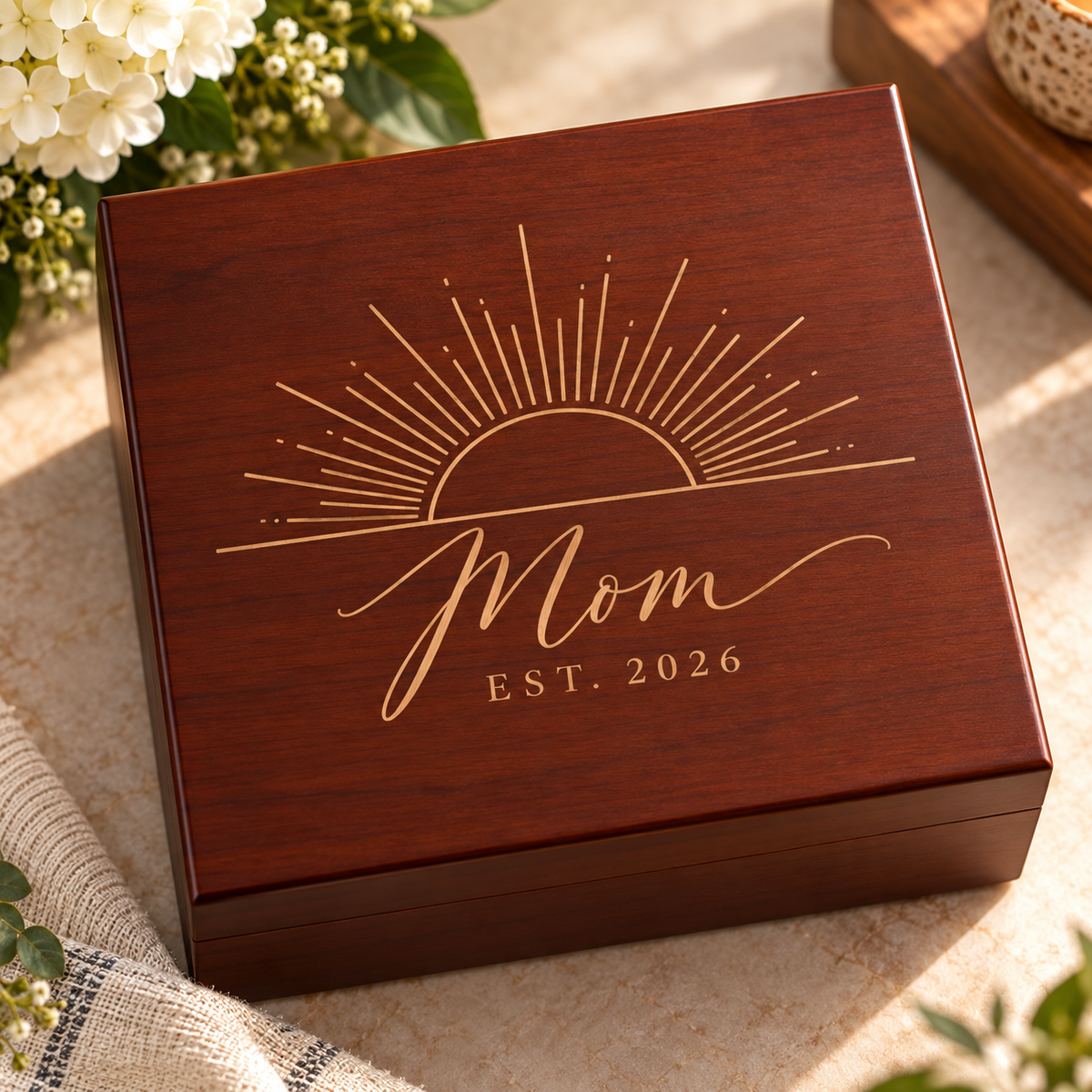 A rectangular wooden keepsake box with a warm reddish-brown finish, featuring an engraved gold sunburst and the words 'Mom EST. 2026' on the lid.