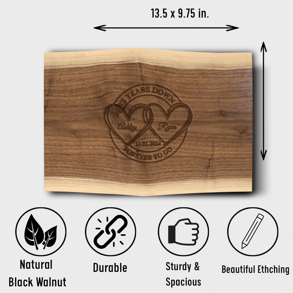 Anniversary Black Walnut Cutting Board With Entwined Hearts Anniversary Design