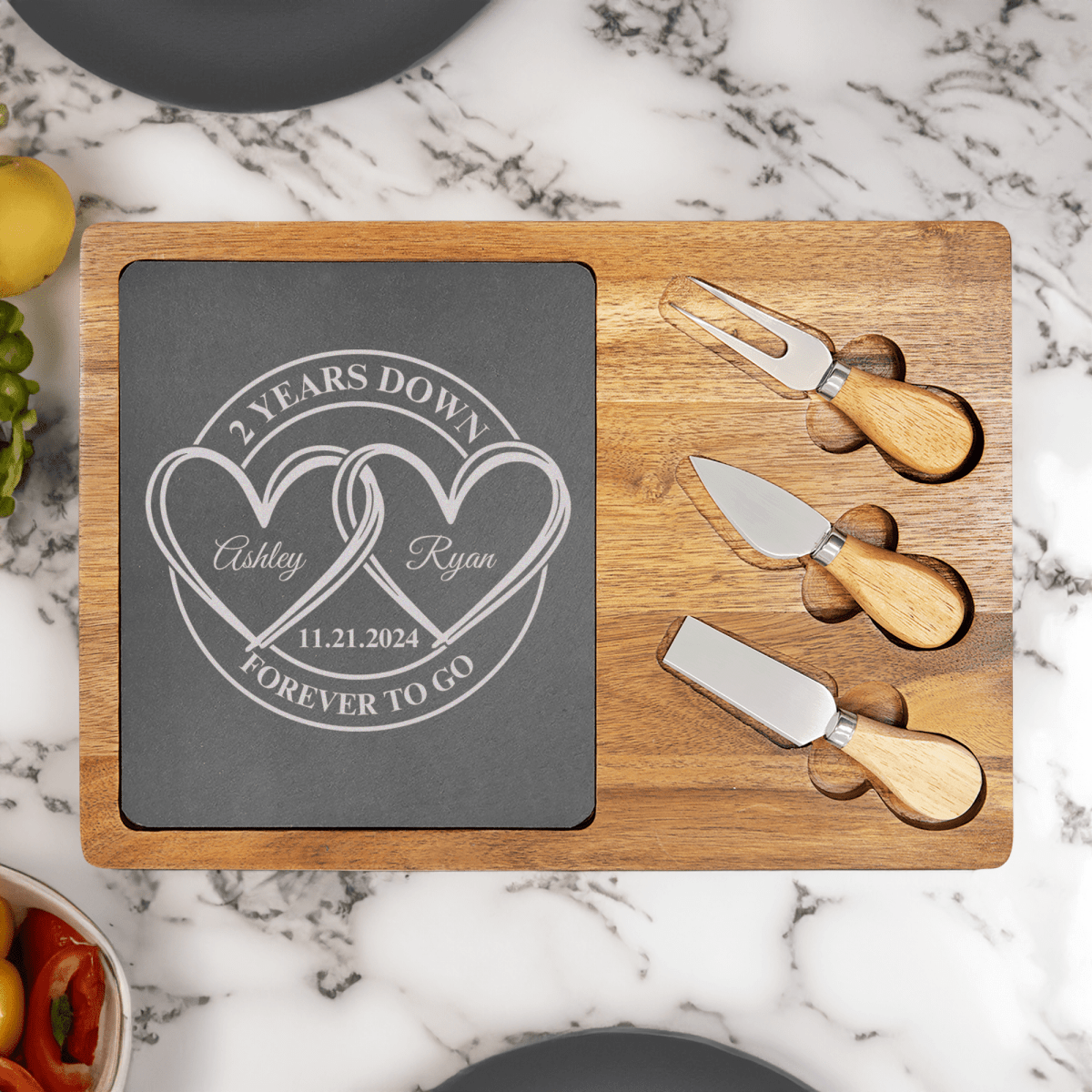 Personalized Entwined Hearts Anniversary Wood Slate Serving Tray for her, Customized Gifts for Women by Groovy Girl Gifts