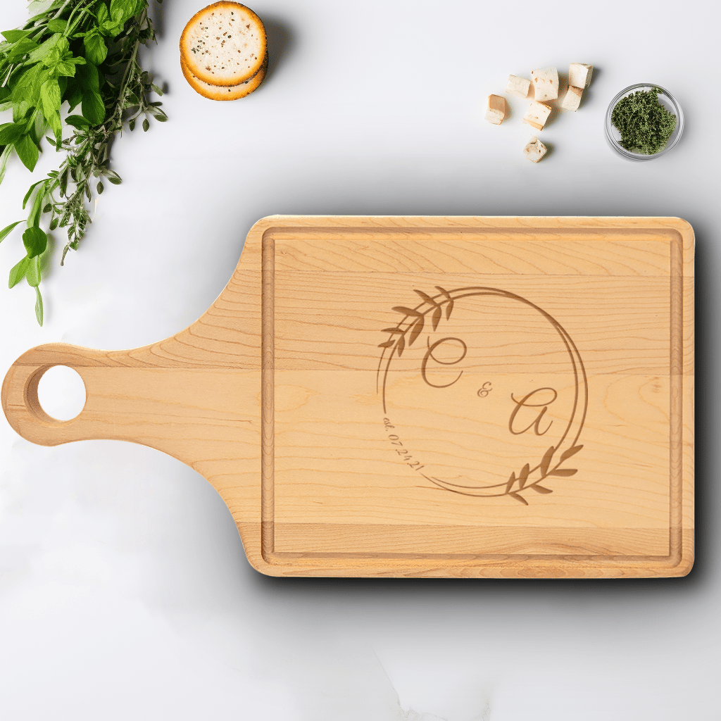 Anniversary Gift Maple Paddle Cutting Board With Eternal Embrace Design