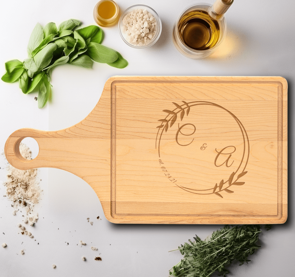 Anniversary Gift Maple Paddle Cutting Board With Eternal Embrace Design
