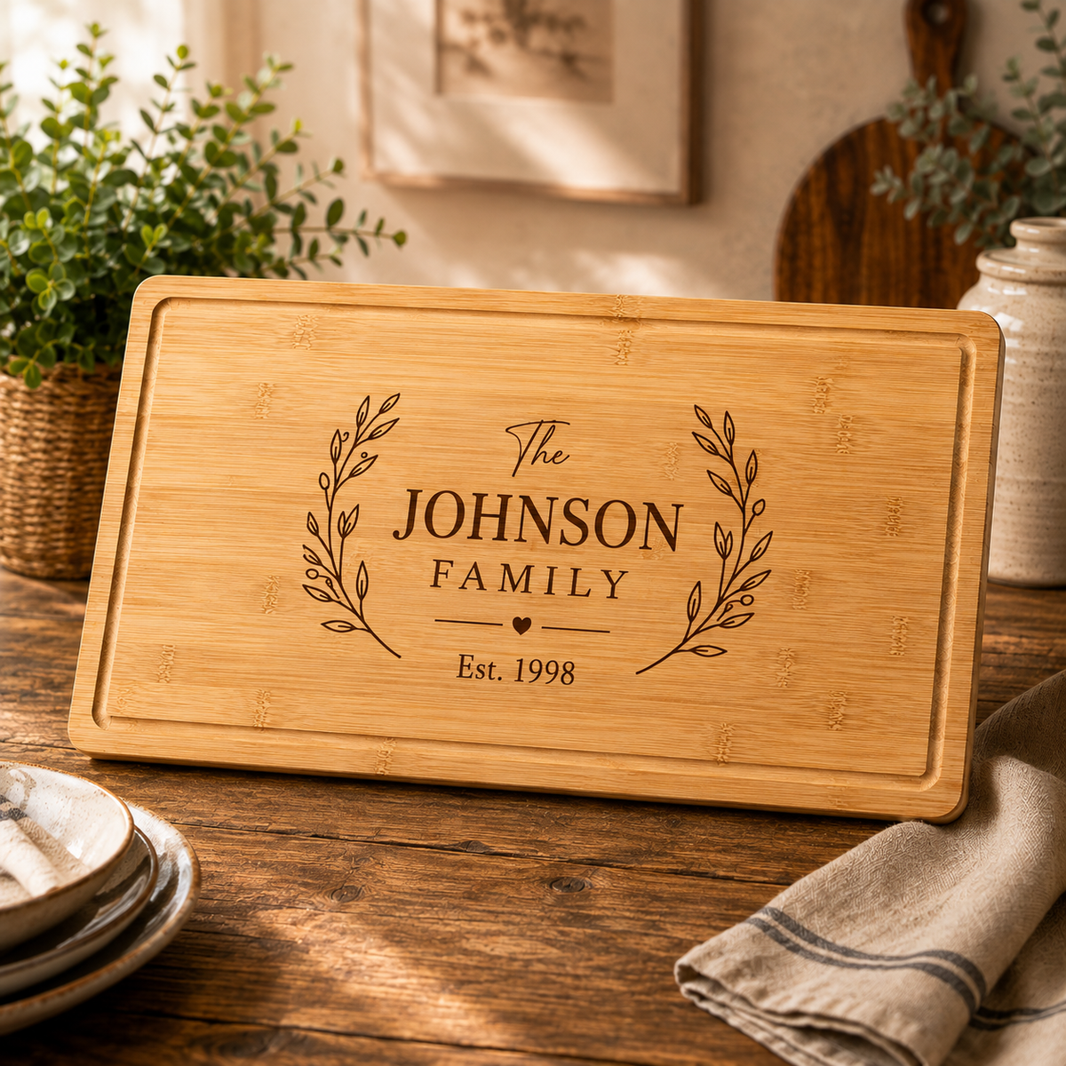 A rectangular wooden cutting board with rounded corners, engraved with the text 'The JOHNSON FAMILY Est. 1998' and leafy branches, shown on a rustic wooden table with plants and dishes in a kitchen setting.