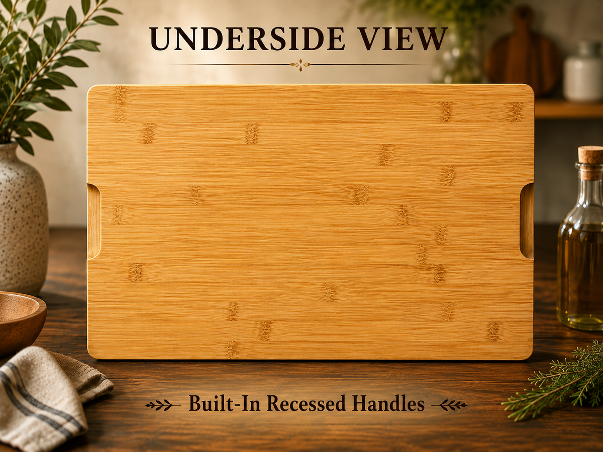 A rectangular bamboo cutting board shown from the underside on a wooden table, with text reading 'UNDERSIDE VIEW' and 'Built-In Recessed Handles.' The board has rounded corners and built-in side handles cut into the bamboo surface.
