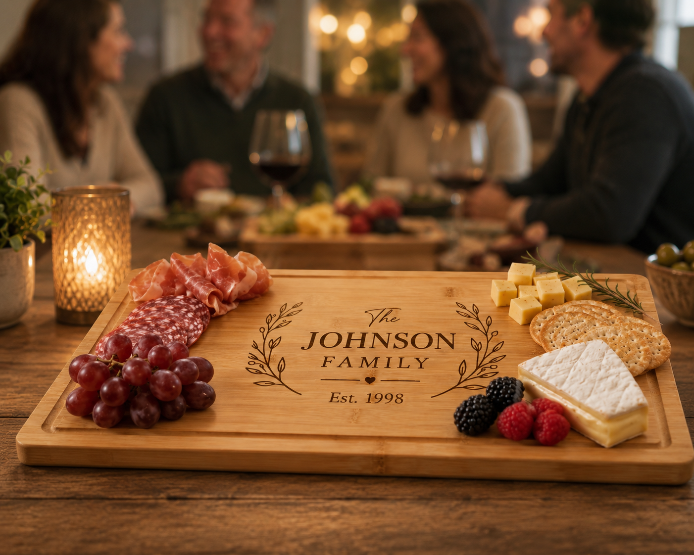 A personalized wooden charcuterie board engraved with 'The JOHNSON FAMILY Est. 1998' in a warm, cozy dining room setting.