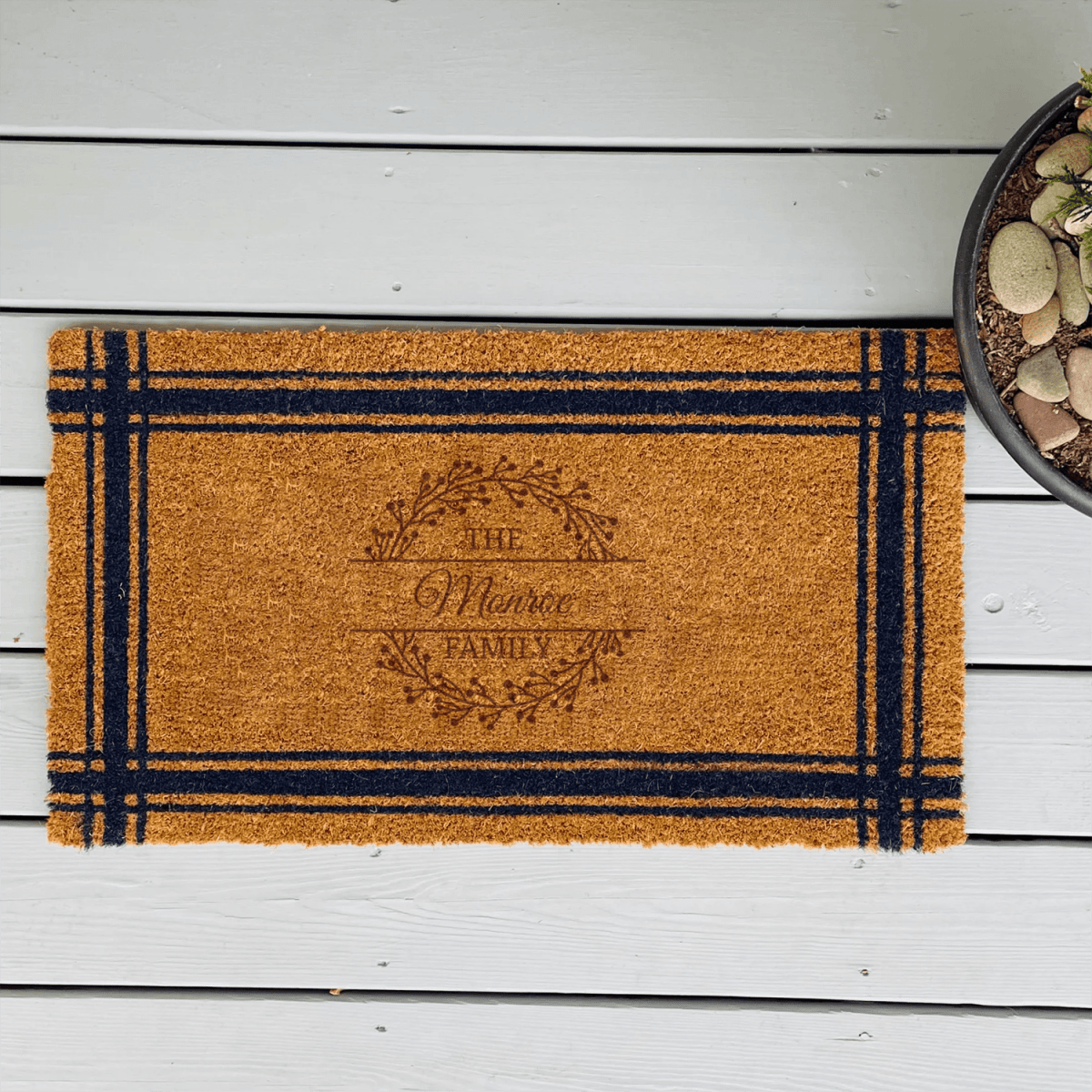 Family Floral Wreath Engraved Door Mat