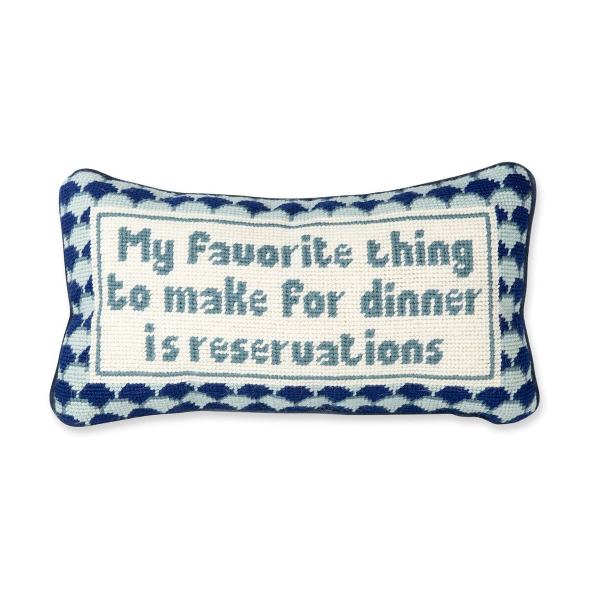 Reservations needlepoint pillow with 100% wool front and cotton velvet back, 8x14 inches, ideal for humor-filled, stylish decor.