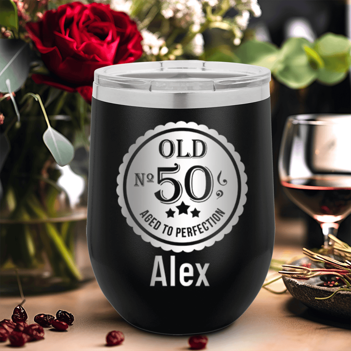 Personalized Fifty Aged To Perfection Wine Tumbler for her, Customized Gifts for Women by Groovy Girl Gifts