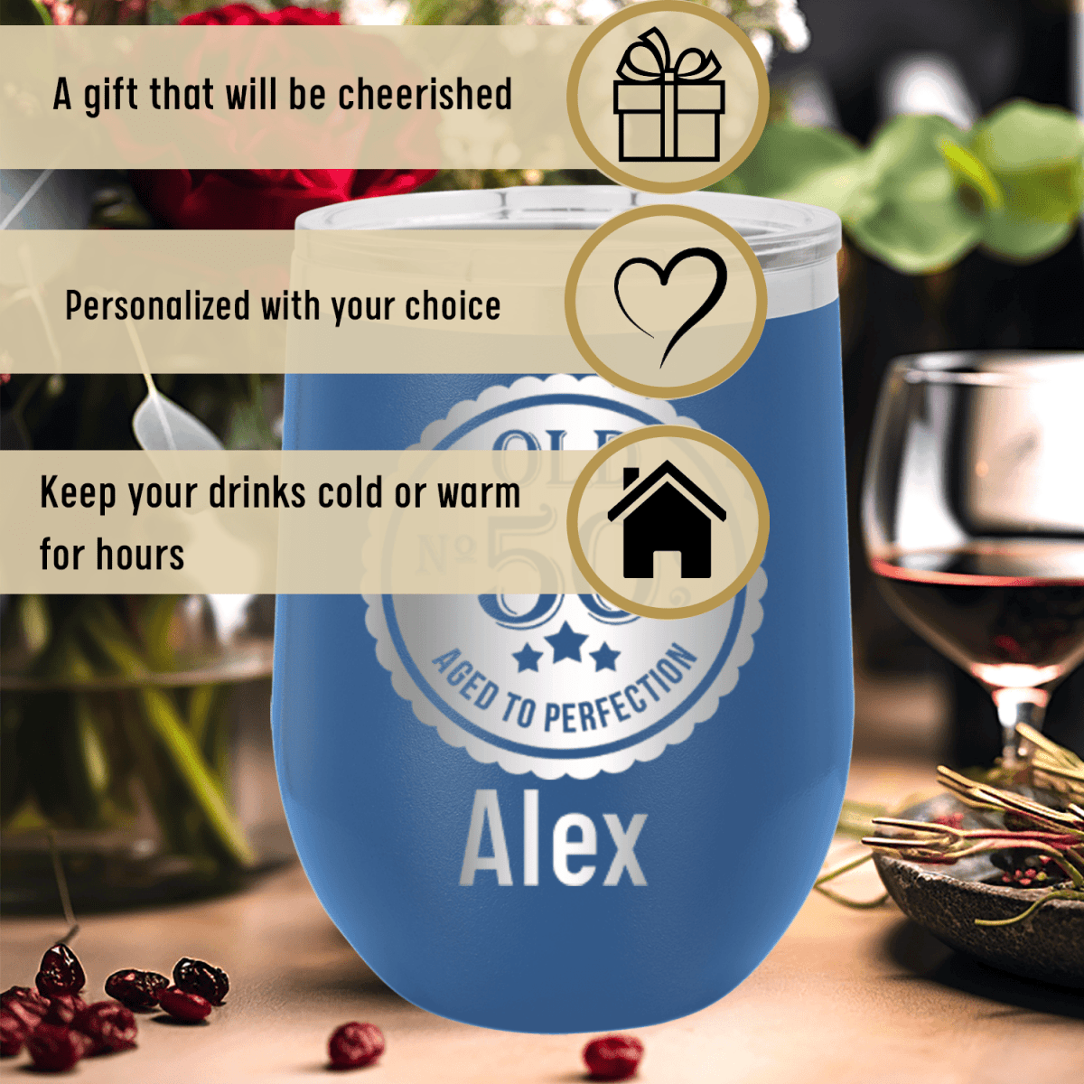 Personalized Fifty Aged To Perfection Wine Tumbler for her, Customized Gifts for Women by Groovy Girl Gifts