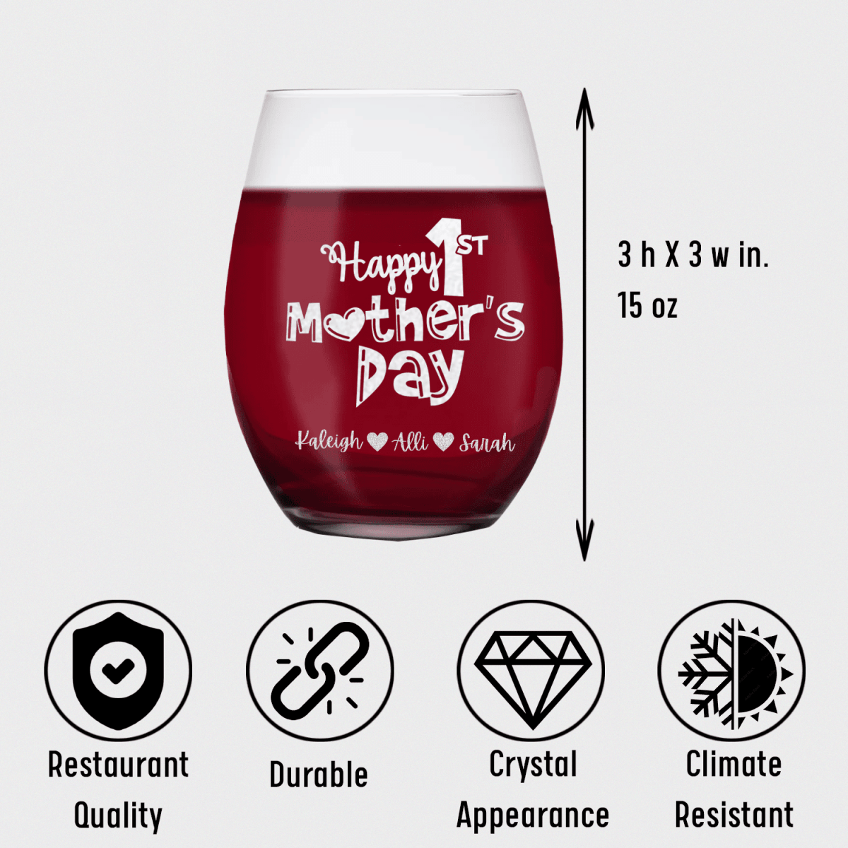 Personalized First Mothers Day Stemless Wine Glass for her, Customized Gifts for Women by Groovy Girl Gifts