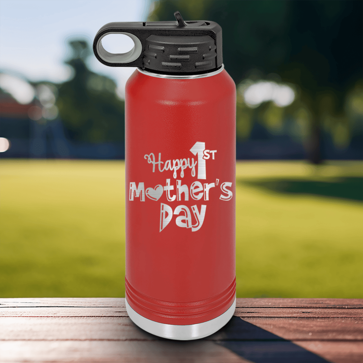 Red Mothers Day Water Bottle With First Mothers Day Design