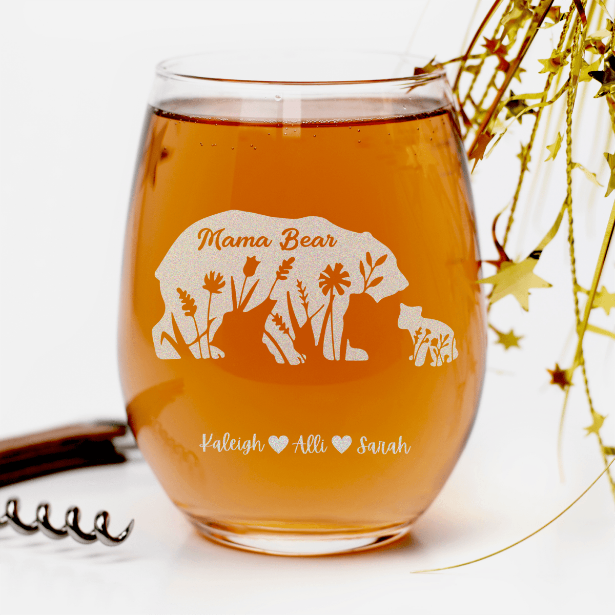 Personalized Flower Mama Bear Stemless Wine Glass for her, Customized Gifts for Women by Groovy Girl Gifts