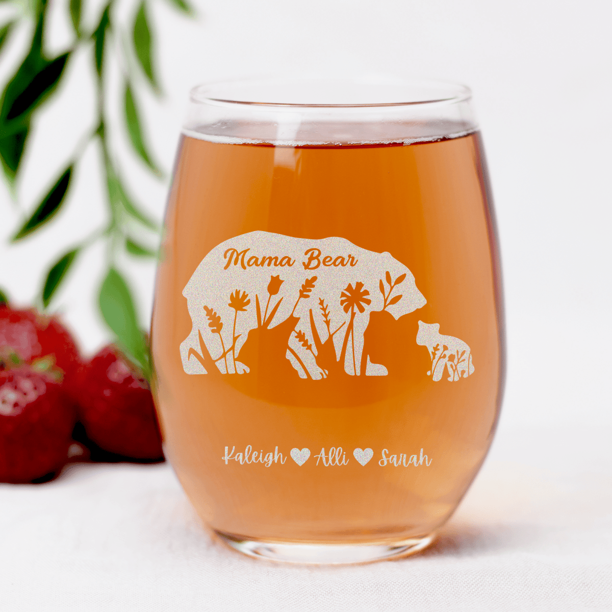 Personalized Flower Mama Bear Stemless Wine Glass for her, Customized Gifts for Women by Groovy Girl Gifts