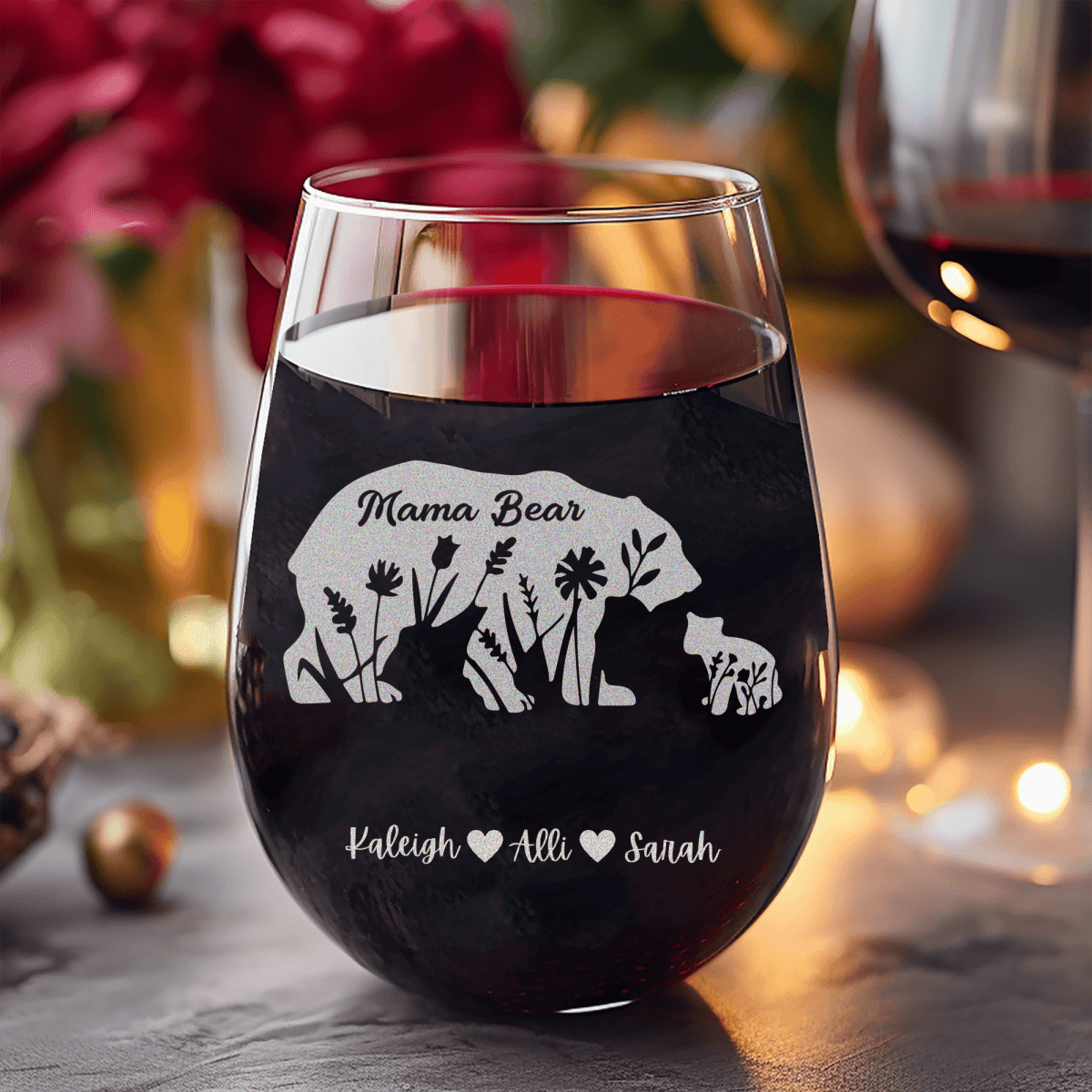 Personalized Flower Mama Bear Stemless Wine Glass for her, Customized Gifts for Women by Groovy Girl Gifts
