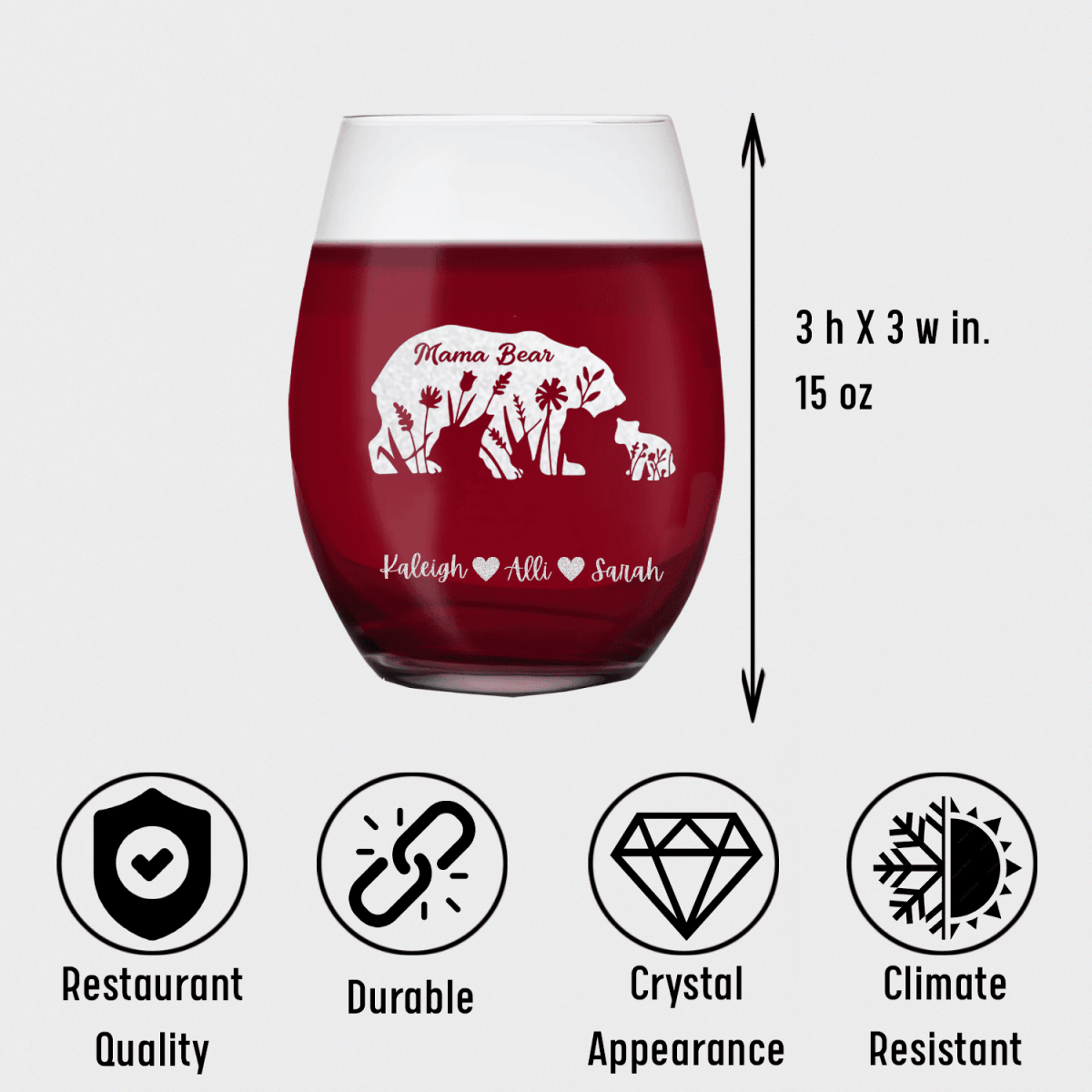 Personalized Flower Mama Bear Stemless Wine Glass for her, Customized Gifts for Women by Groovy Girl Gifts