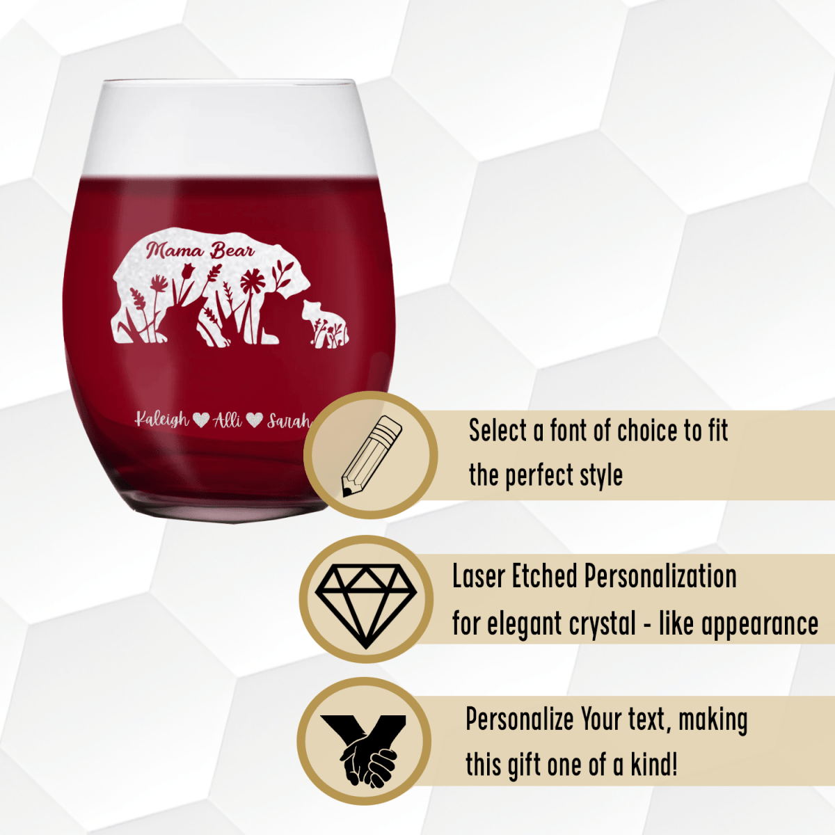 Personalized Flower Mama Bear Stemless Wine Glass for her, Customized Gifts for Women by Groovy Girl Gifts