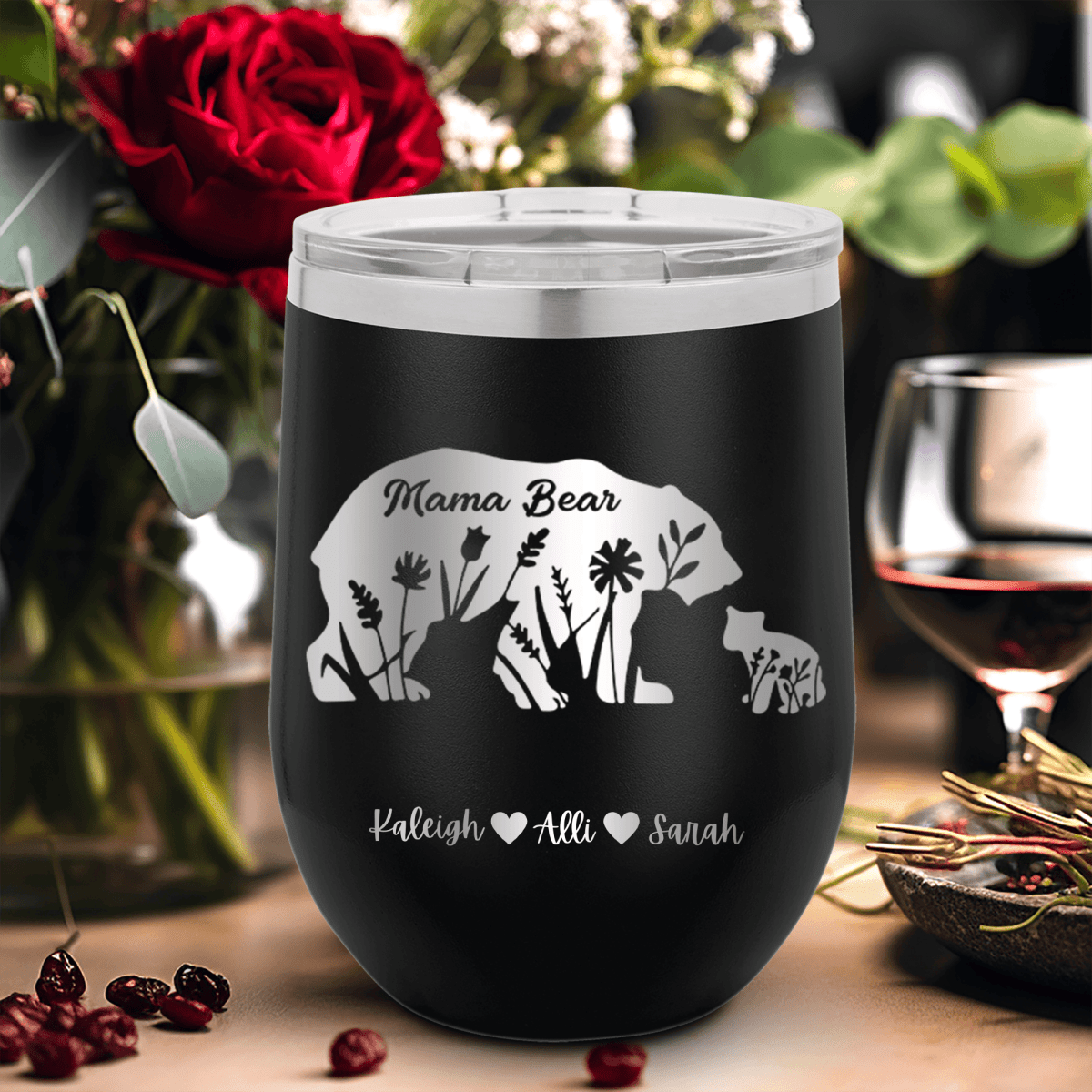 Black Mothers Day Wine Tumbler With Flower Mama Bear Design