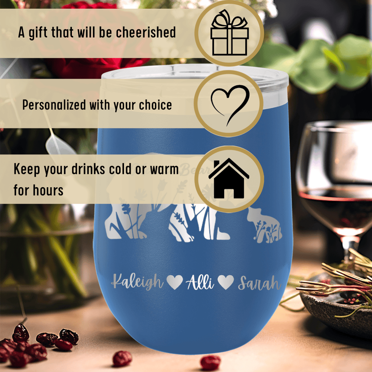 Personalized Flower Mama Bear Wine Tumbler for her, Customized Gifts for Women by Groovy Girl Gifts