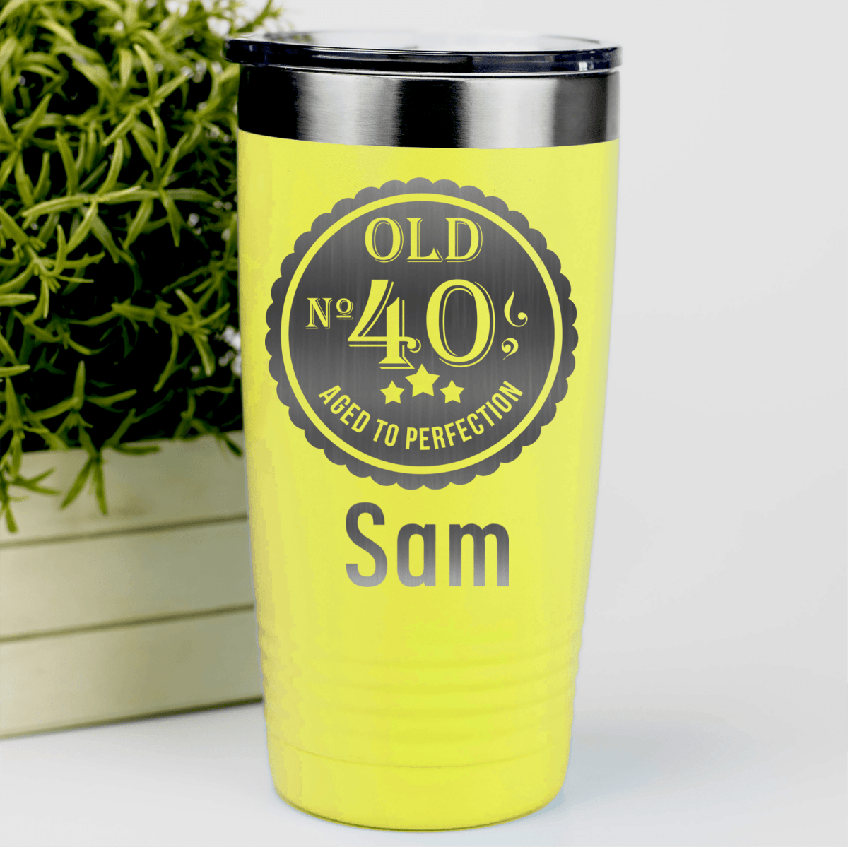 Yellow Birthday Tumbler With Fourty Aged To Perfection Design