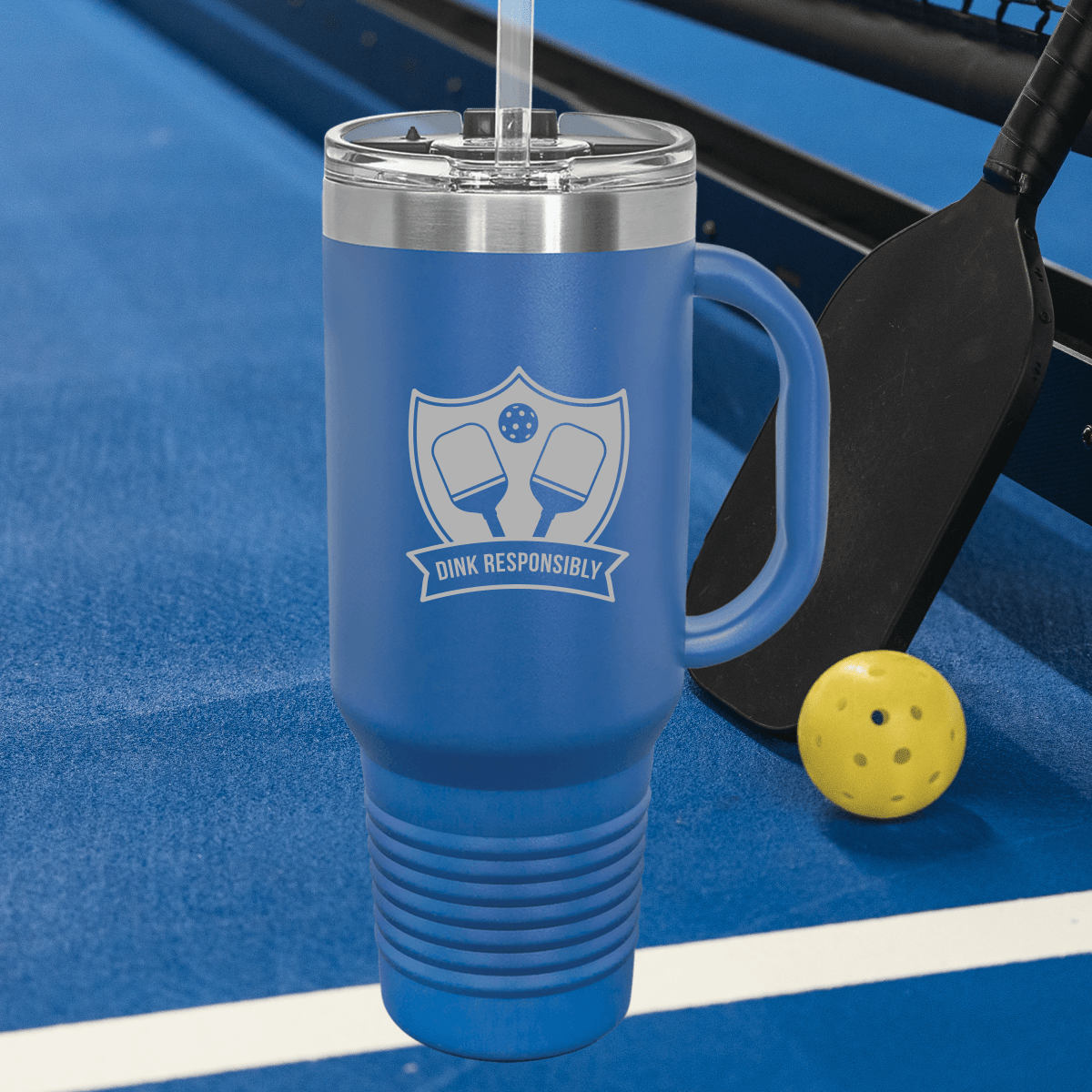 Funny Pickleball Insulated Blue Tumbler with Handle and Straw